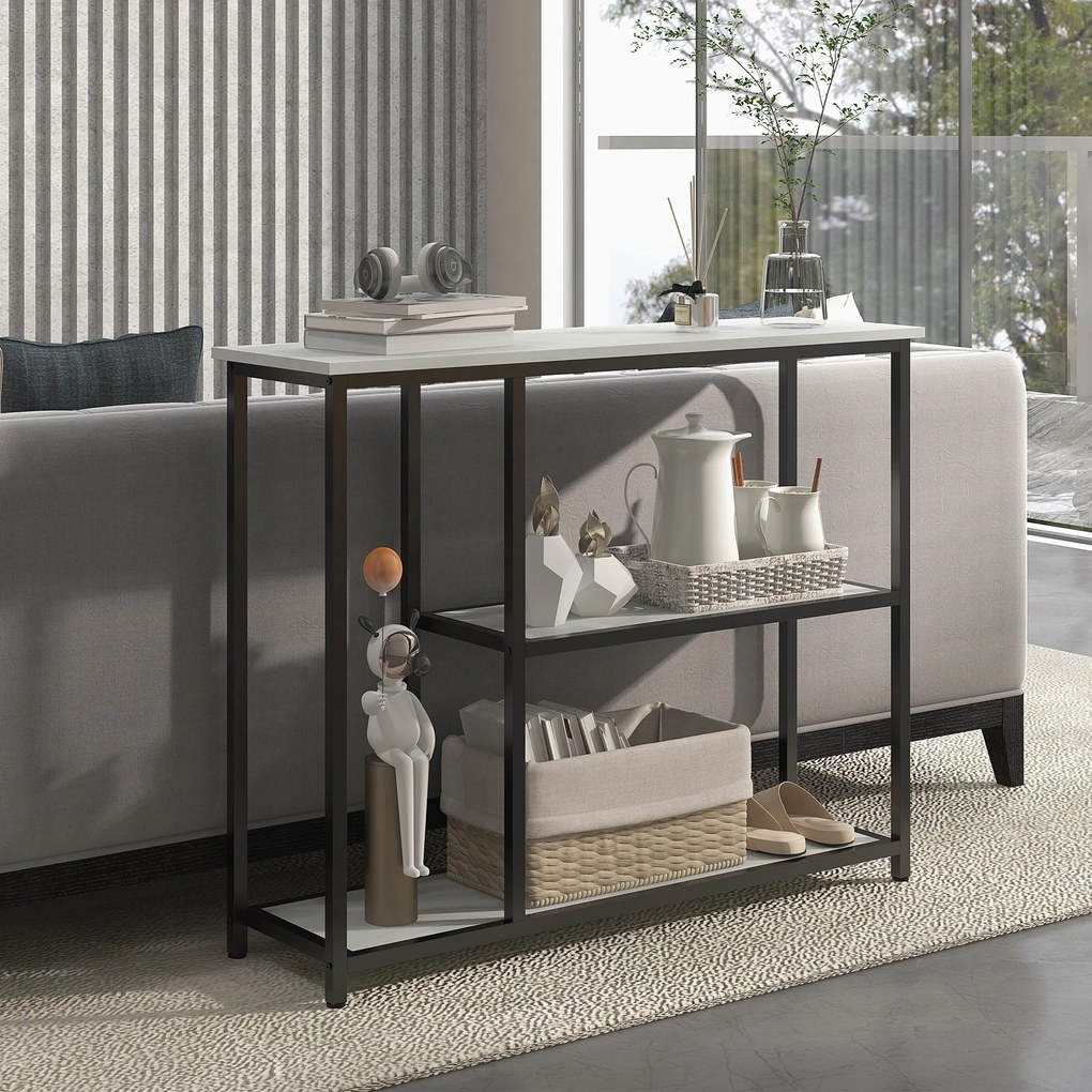 HOMCOM Κονσόλα σε βιομηχανικό σχεδιασμό, 2 ράφια, όψη μαρμάρου, Μαύρο + Λευκό