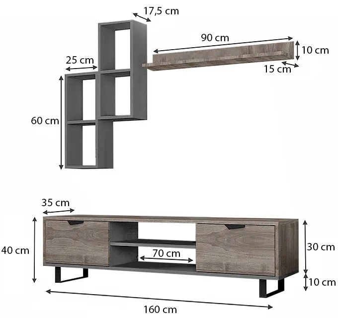 Σύνθεση τηλεόρασης Lonsa Megapap χρώμα ανθρακί 160x35x40εκ.