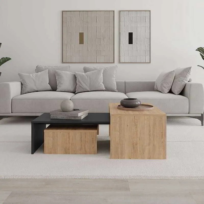 Τραπεζάκι σαλονιού σετ 3 τμχ. Kanta Megapap χρώμα sapphire oak - silky black 80x50x40,5εκ.