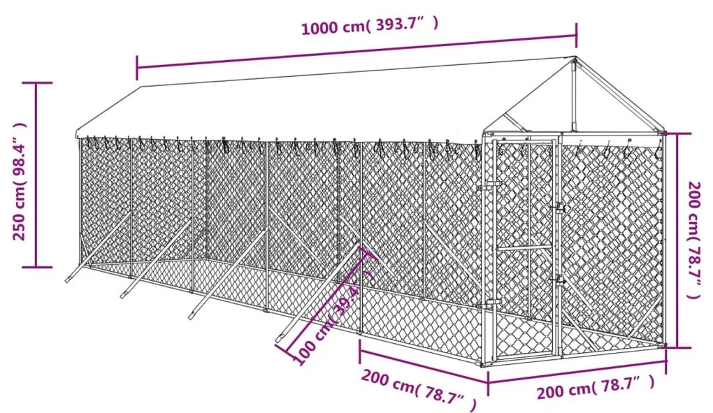 vidaXL Κλουβί Σκύλου Εξ. Χώρου με Οροφή Ασημί 2x10x2,5 μ. Γαλβ. Ατσάλι