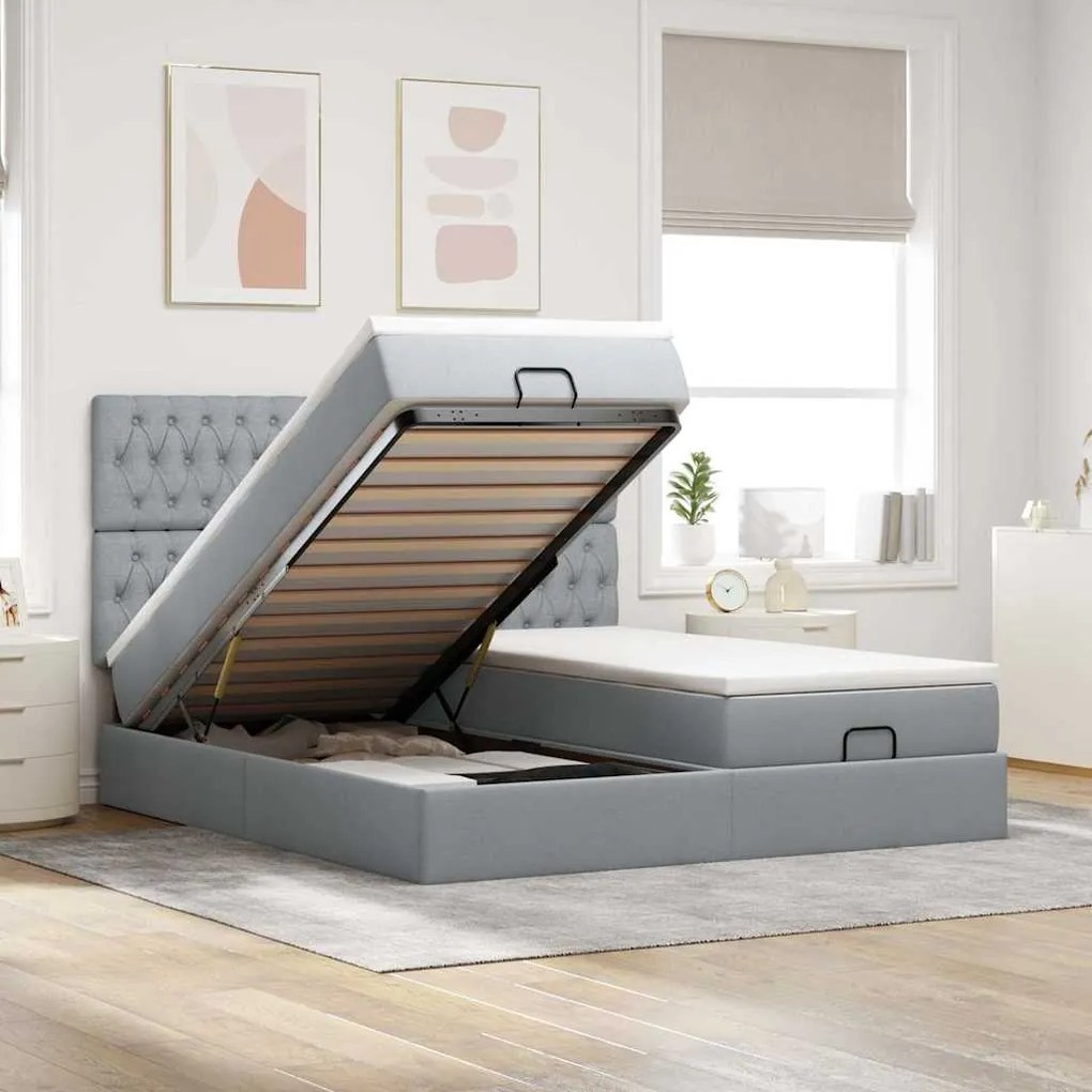 vidaXL Οθωμανικό κρεβάτι με στρώματα &amp; LEDs Ανοιχτό γκρι ύφασμα