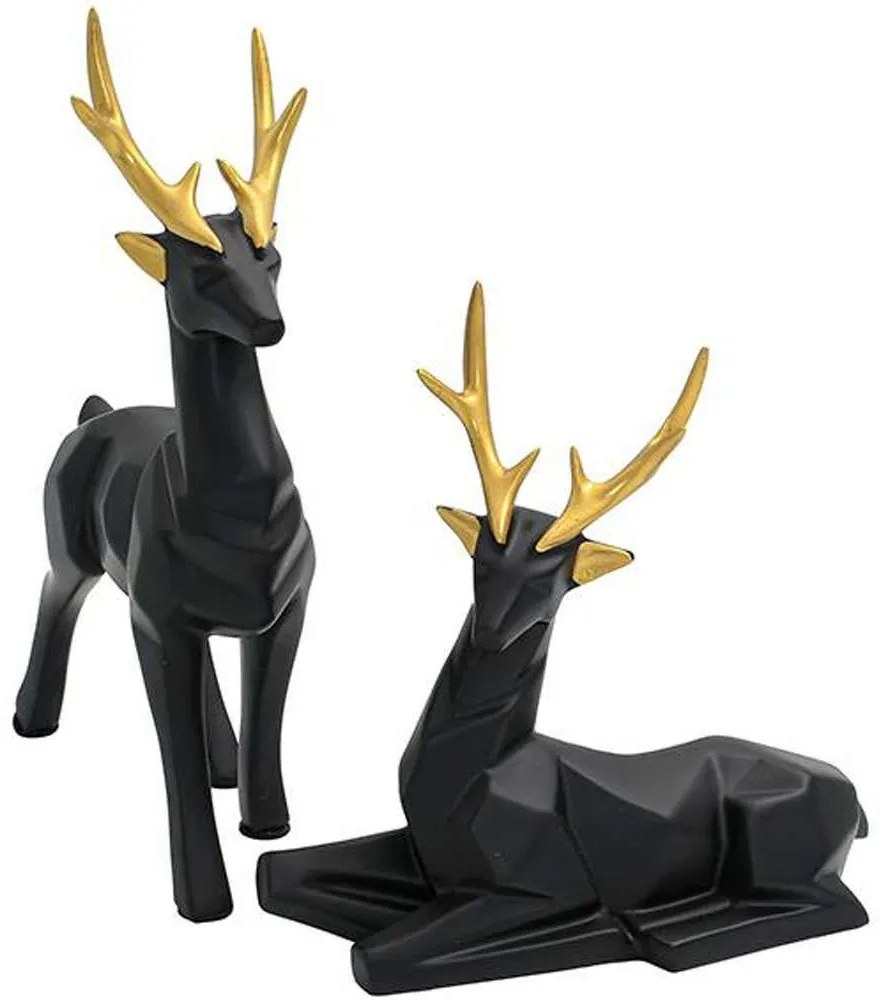 Διακοσμητική Φιγούρα Deer (Σετ 2Τμχ) 374-224-436 16x5x24/17x6x15cm Black-Gold Πολυρεσίνη