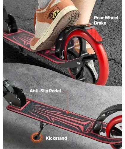 VEVOR Kick Scooter for Kids Ages 8+, Teens &amp; Adults, 2-Wheel Toddler Scooter with Adjustable Height Handlebar, Wide Anti-Slip Deck, Foldable Lightweight for Boys &amp; Girls up to 99.8 kg, Black + Red