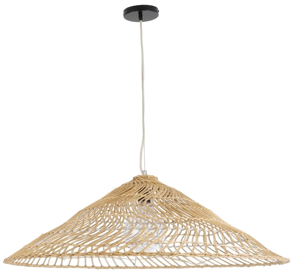 GloboStar® KAIA 02347 Boho Κρεμαστό Φωτιστικό Οροφής Μονόφωτο 1 x E27 AC220-240V IP20 - Φ80 x Υ26cm - Μπεζ Ξύλινο Μπαμπού Πλέγμα Καμπάνα - 5 Χρόνια Εγγύηση