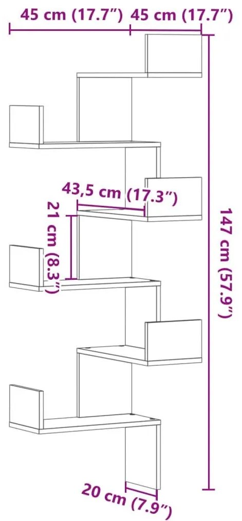 Γωνιακή Ραφιέρα Τοίχου Μαύρο 45x45x147 εκ. από Επεξ. Ξύλο - Μαύρο