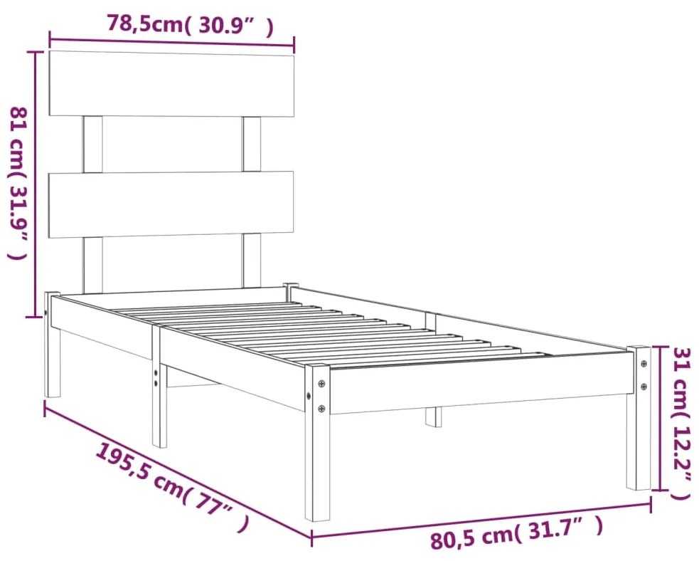 vidaXL Πλαίσιο Κρεβατιού 75 x 190 εκ. από Μασίφ Ξύλο Small Single