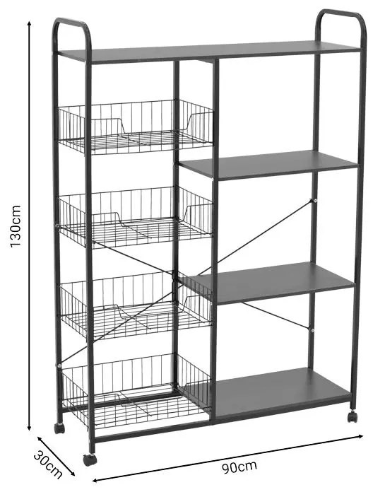 Τρόλεϊ-ραφιέρα 4όροφη Noli MDF καρυδί-μαύρο 90x30x130εκ 90x30x130 εκ.