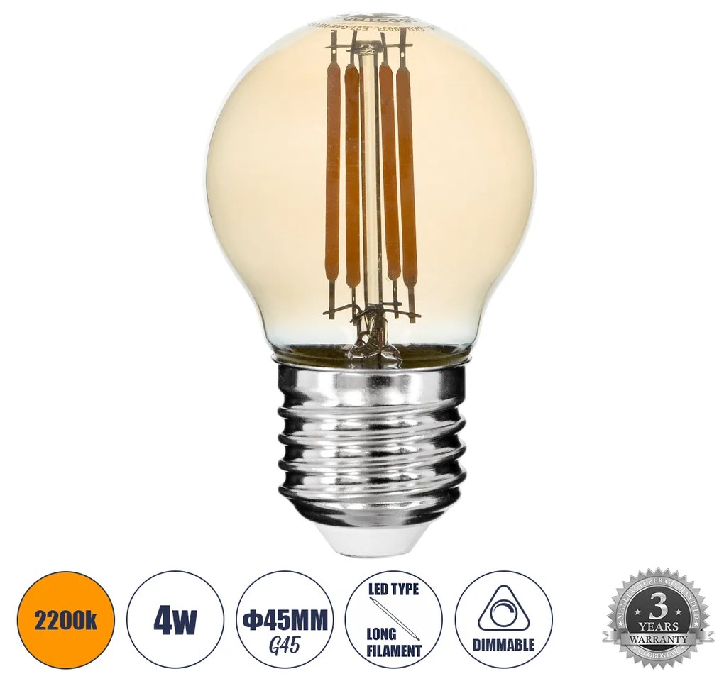 GloboStar 99034 Λάμπα LED Long Filament E27 G45 Γλομπάκι 4W 350lm 360° AC 220-240V IP20 Φ4.5 x Υ7.5cm Ultra Θερμό Λευκό 2200K με Μελί Γυαλί - Dimmable - 3 Years Warranty - 99034