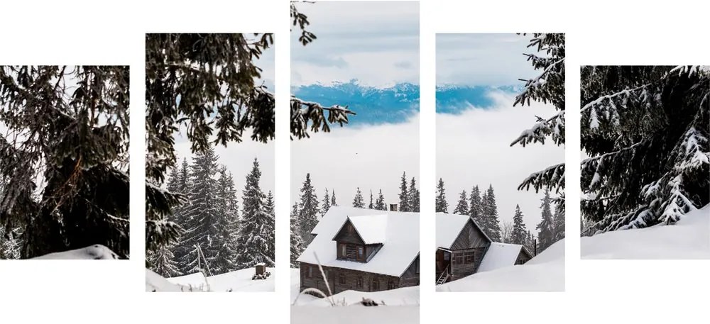 Ξύλινο σπίτι 5 τμημάτων με εικόνα δίπλα στα χιονισμένα πεύκα - 100x50