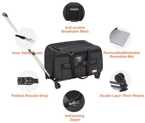 VEVOR Cat Carrier with Wheels, Rolling Pet Carrier with Telescopic Handle and Shoulder Strap, Dog Carrier with Wheels for Pets under 35 lbs, with 1 Folding Bowl, Black