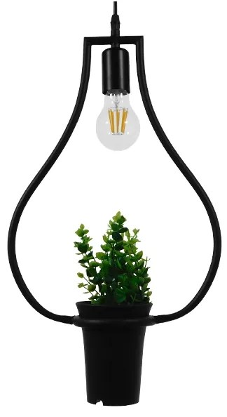 GloboStar FLOWERPOT 10001210 Μοντέρνο Κρεμαστό Φωτιστικό Οροφής Μονόφωτο 1 x E27 Μαύρο Μεταλλικό με Διακοσμητικό Φυτό Φ27 x Y40cm - 10001210