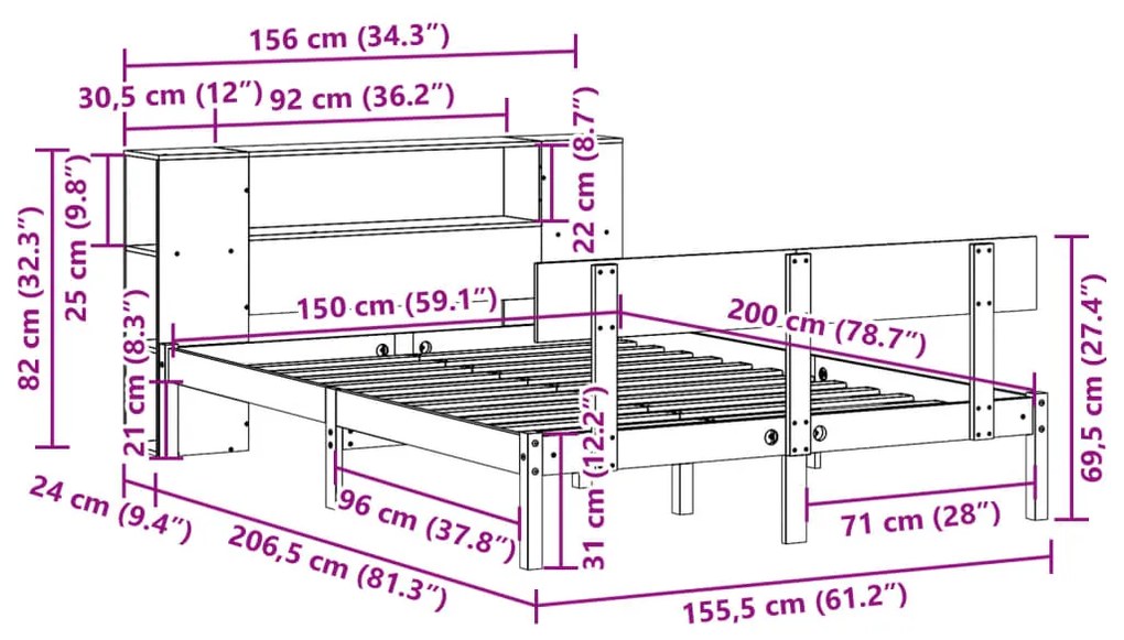 Κρεβάτι Βιβλιοθήκη Χωρίς Στρώμα 150x200 εκ Μασίφ Ξύλο Πεύκου - Καφέ