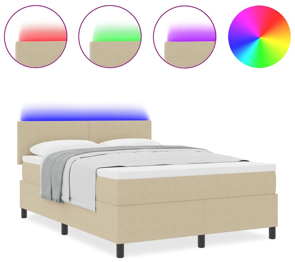 vidaXL Box Spring Bed με Στρώμα & LED Φως Πράσινο Γκρι 140x200 εκ. Ύφασμα Κορντούρας