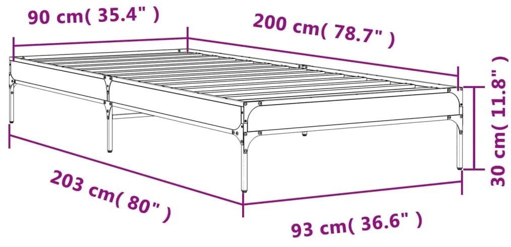 Πλαίσιο Κρεβατιού Γκρι Sonoma 90x200 εκ. Επεξ. Ξύλο &amp; Μέταλλο - Γκρι