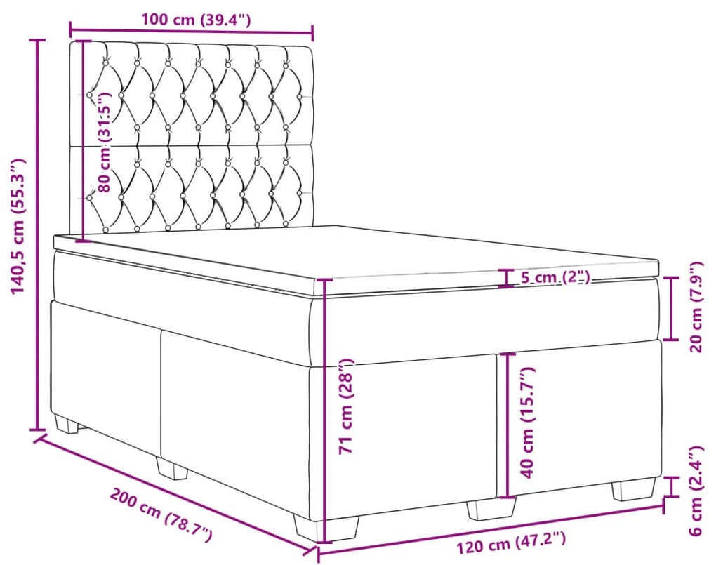 Κρεβάτι Boxspring με Στρώμα Σκούρο Γκρι 120x200 εκ. Υφασμάτινο - Γκρι