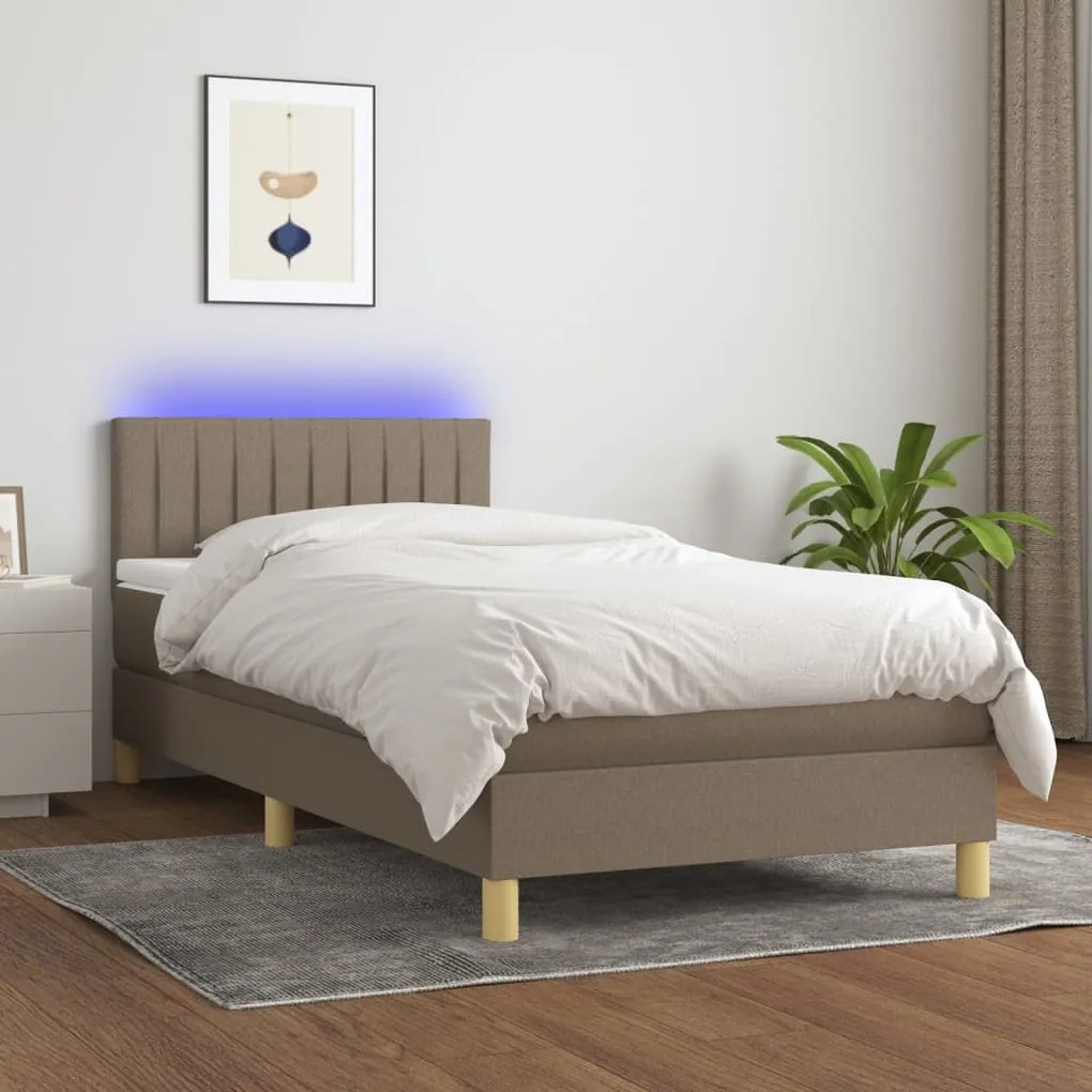 Κρεβάτι Boxspring με Στρώμα &amp; LED Taupe 90x200 εκ. Υφασμάτινο