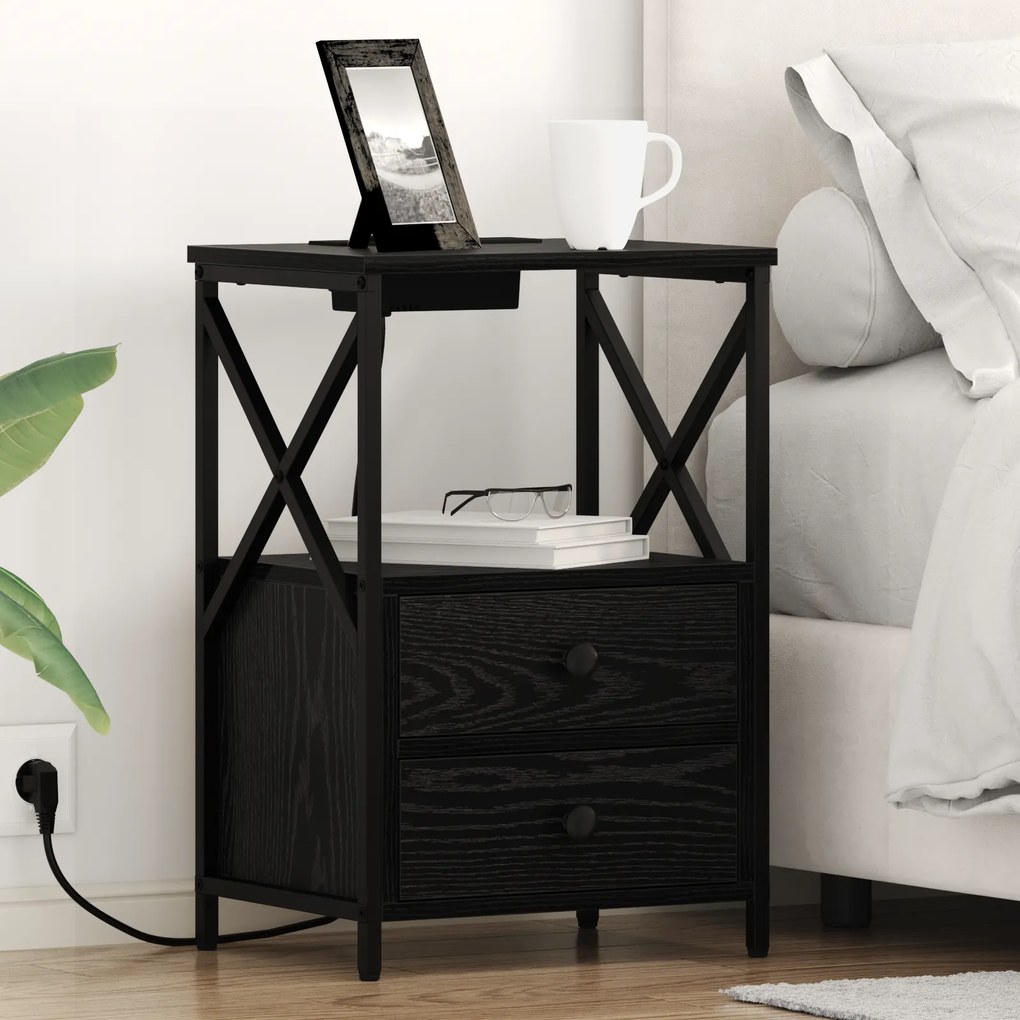 vidaXL Κομοδίνο με Σταθμό Φόρτισης 2 pcs Μαύρη δρυς Επεξεργασμένο ξύλο