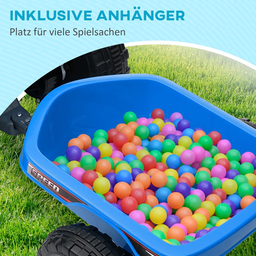 HOMCOM Παιδικό Τετράτροχο, Επαναφορτιζόμενο, 2,5 km/h, με Ρυμουλκούμενο, 50 λεπτά χρόνος οδήγησης, για παιδιά 1,5 έως 3 ετών, Μπλε