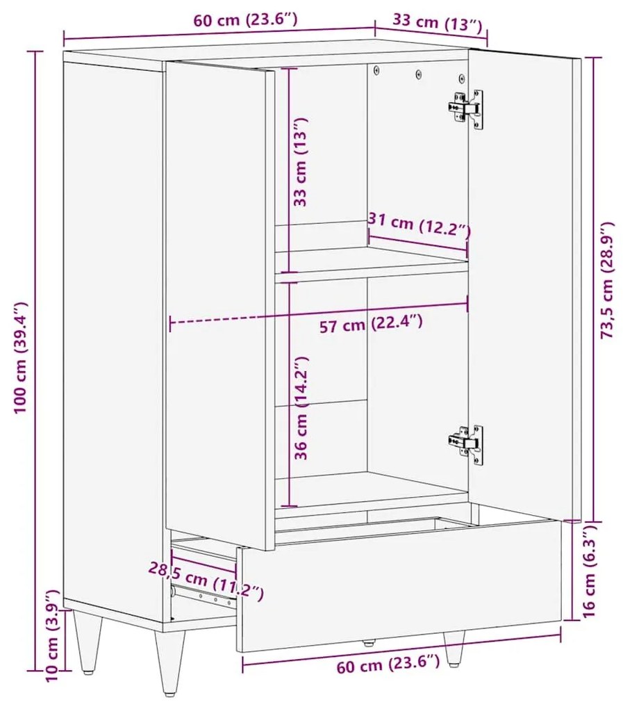 Highboard 60x33x110 cm μασίφ ξύλο Mango - Μαύρο