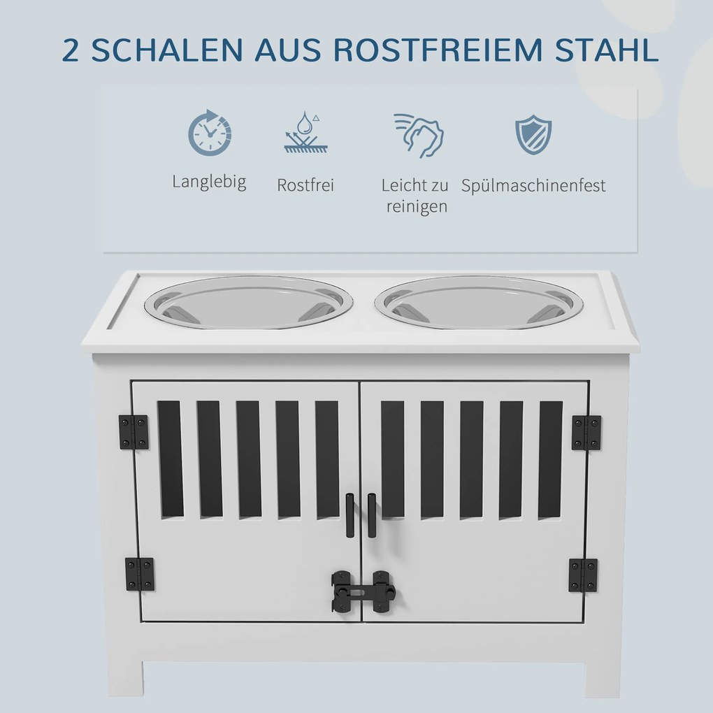 PawHut Ανυψωμένος Σταθμός Τροφοδοσίας για Μεγάλα Σκυλιά, 2 Ανοξείδωτα Μπολ, Χώρος Αποθήκευσης, 35,5x60x30 cm, Λευκό