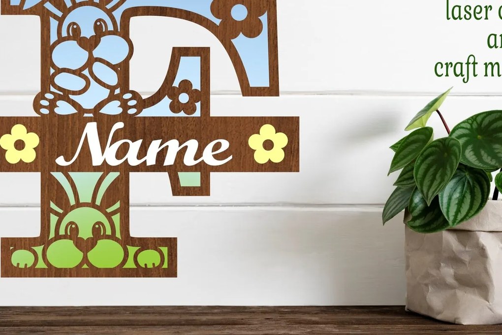 Σετ των 2 Intra απο ξύλο plywood 3mm-4mm πάχος Κουνελάκι κεφαλαίο μονόγραμμα Γράμμα F Δίασταση 30x20 cm INTRAFABR-72791888