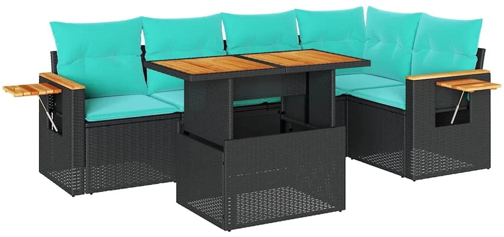 vidaXL Καναπές Κήπου 6 Τεμαχίων Μαύρο Συνθετικό Ρατάν Μαξιλάρια Ακακία