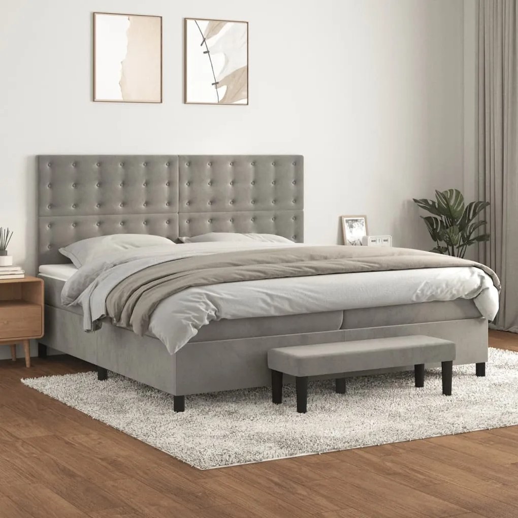 vidaXL Κρεβάτι Boxspring με Στρώμα Ανοιχτό Γκρι 200x200 εκ. Βελούδινο