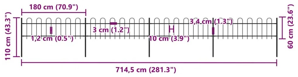 vidaXL Φράχτης Κήπου με Κορυφή από Ατσάλι 714,5x60 εκ. Μαύρος