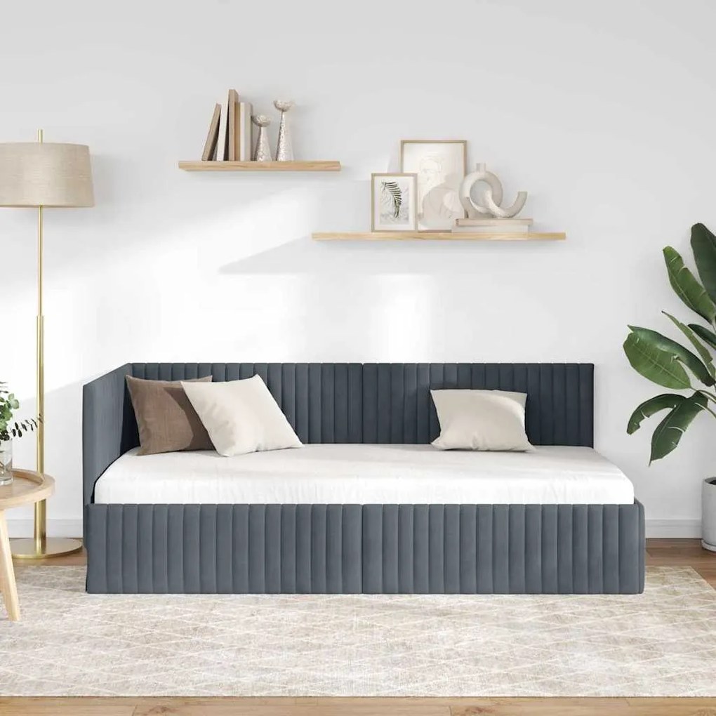 vidaXL Κρεβάτι Γωνίας με κεφαλάρι Σκούρο γκρι 90 x 200 cm Βελούδο