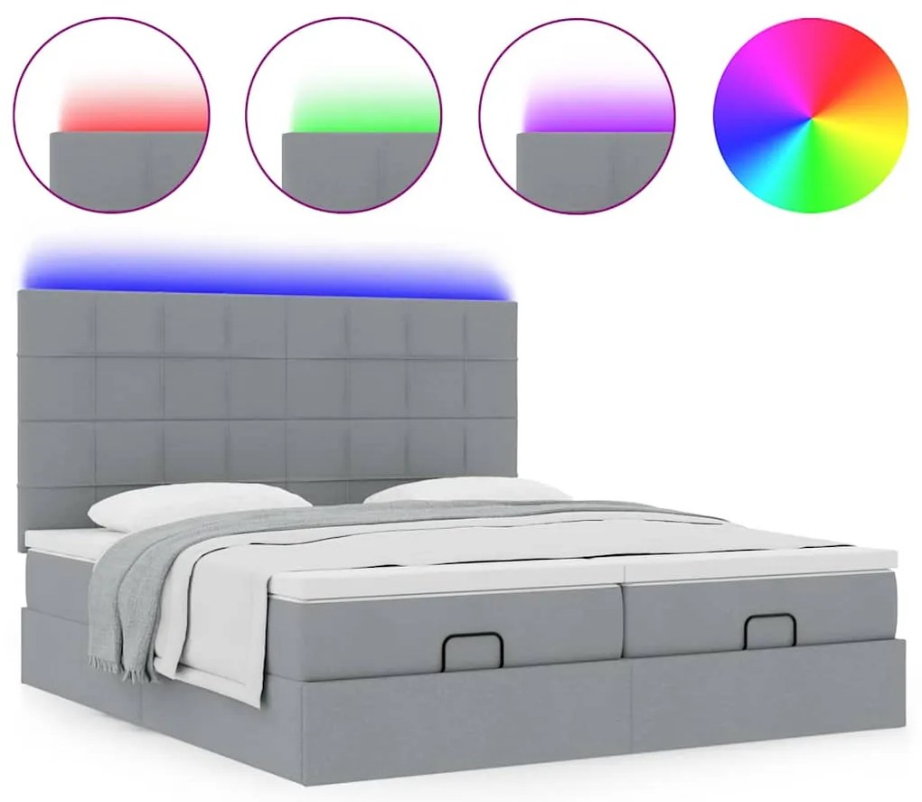 vidaXL Οθωμανικό κρεβάτι με στρώματα & LEDs Ανοιχτό γκρι ύφασμα