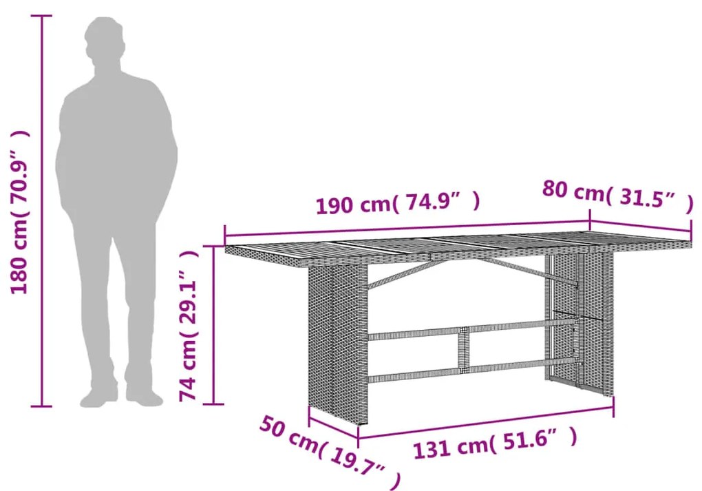 Τραπέζι Κήπου Επιφάνεια Ακακίας Μαύρο 190x80x74εκ. Συνθ. Ρατάν - Μαύρο