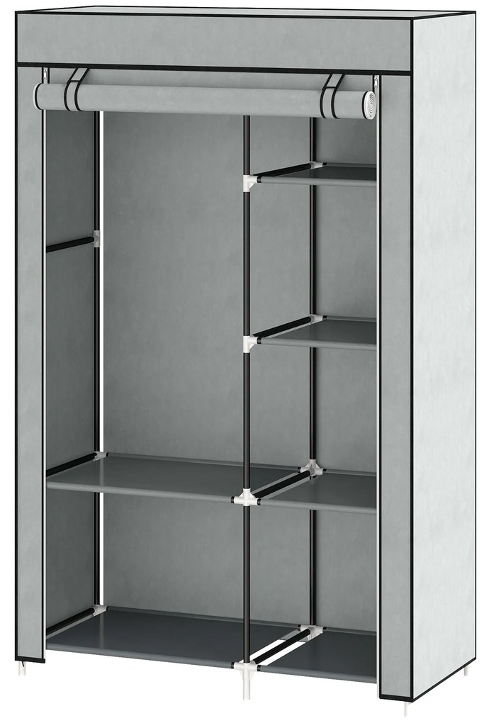 HOMCOM Υφασμάτινη ντουλάπα, λύση αποθήκευσης, 6 ράφια, 1 ράγα ρούχων, Γκρι