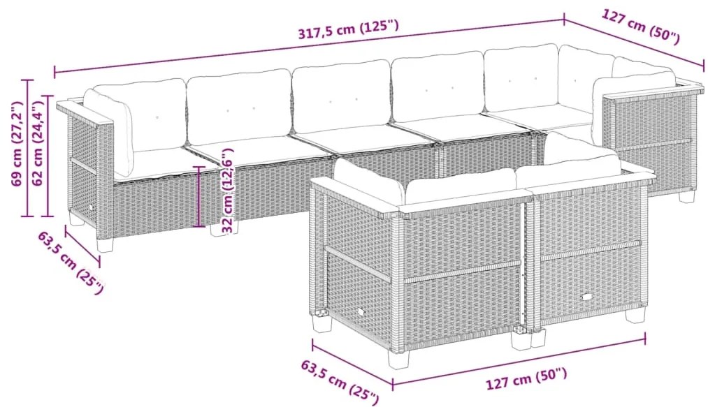 vidaXL Σαλόνι Κήπου 8 Τεμαχίων Μαύρο από Συνθετικό Ρατάν με Μαξιλάρια