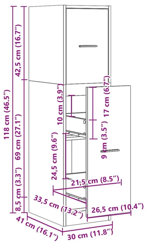 Συρταριέρα Γενικής Χρήσης Καφέ Δρυς 30x41x118 εκ. Επεξ. Ξύλο - Καφέ