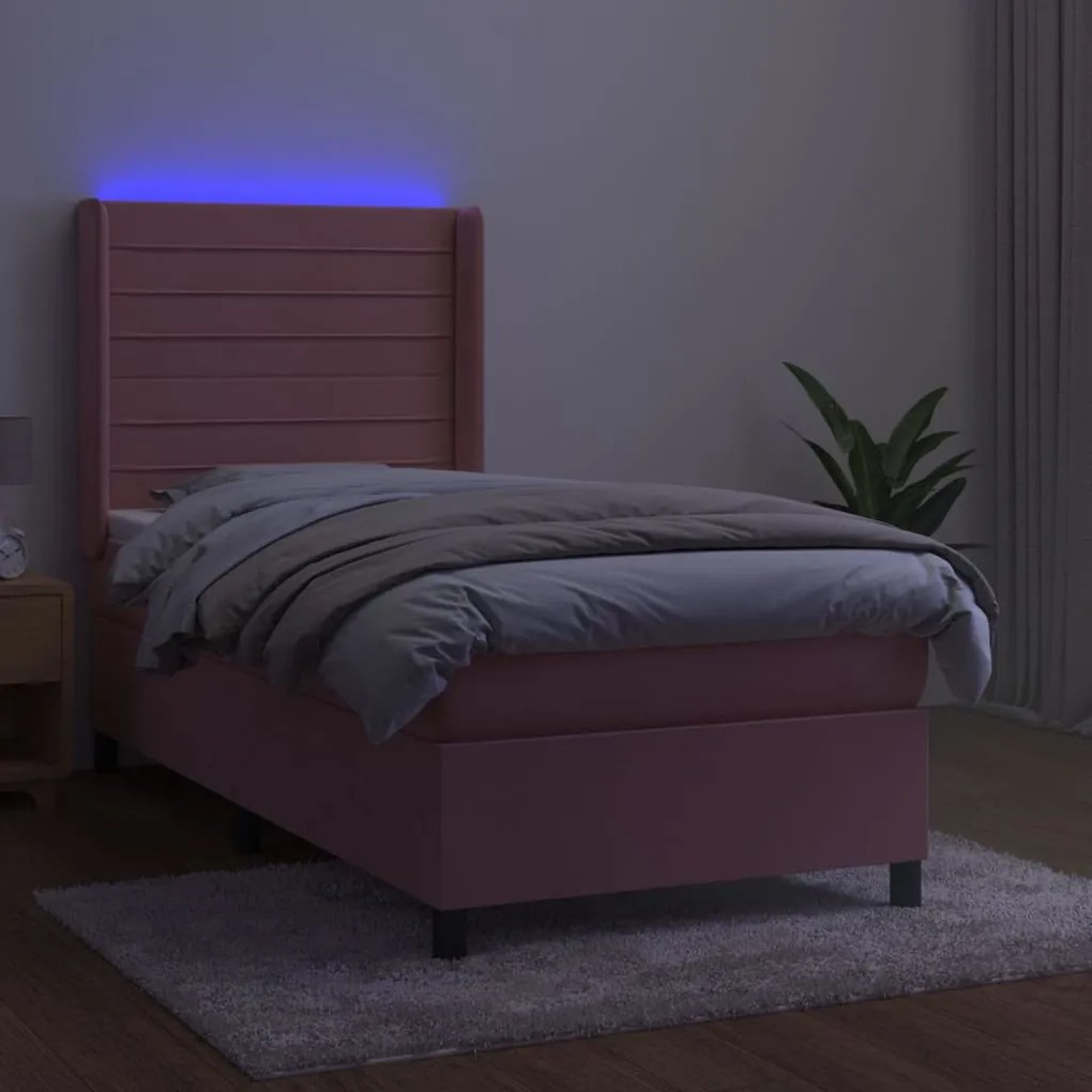 vidaXL Κρεβάτι Boxspring με Στρώμα & LED Ροζ 90x200 εκ. Βελούδινο