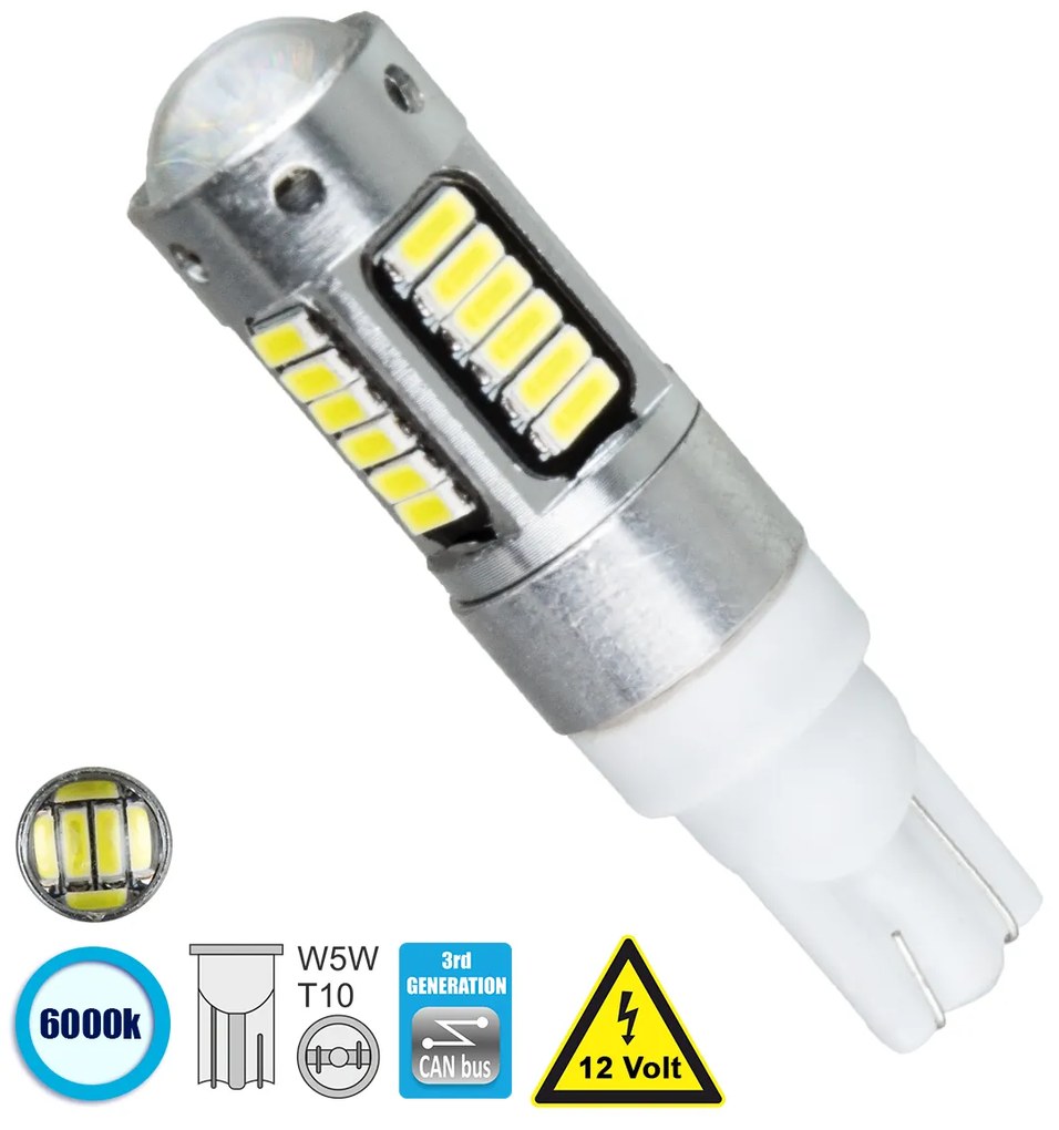 GloboStar® 81108 Λάμπα Αυτοκίνητου T10 W5W 3rd Generation Can-Bus Series LED 30 SMD 4014 6W 900lm 360° DC 12V IP20 Ψυχρό Λευκό 6000K