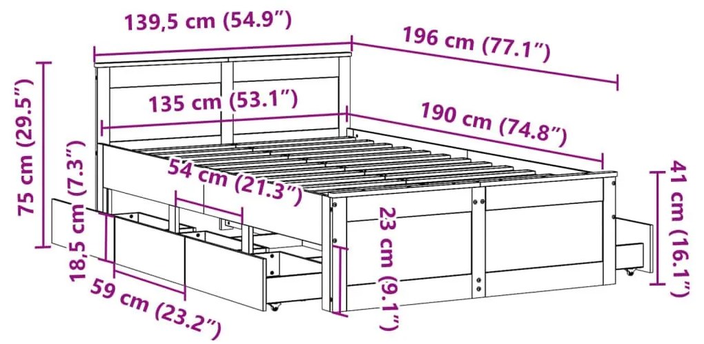 Σκελετός Κρεβατιού Χωρίς Στρώμα 135x190 εκ Μασίφ Ξύλο Πεύκου - Λευκό