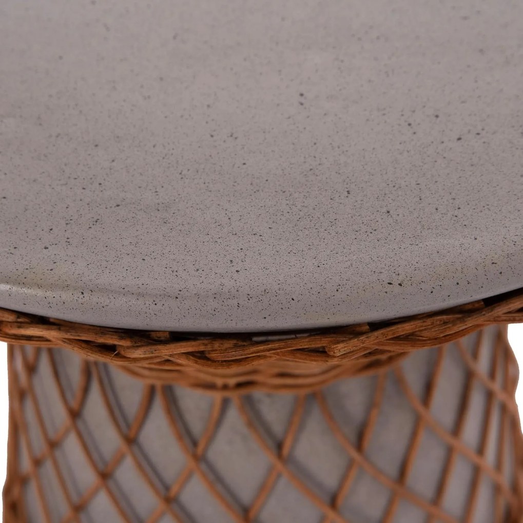 Τραπεζάκι σαλονιού Βοηθητικό DELIA Στρόγγυλο Fiber Cement Γκρί & Rattan Φ40x45Υεκ. 40x40x45 εκ.