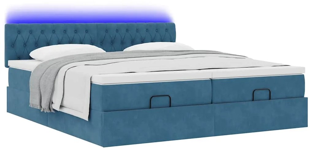 vidaXL Οθωμανικό κρεβάτι με στρώματα & LEDs Σκούρο μπλε Βελούδο