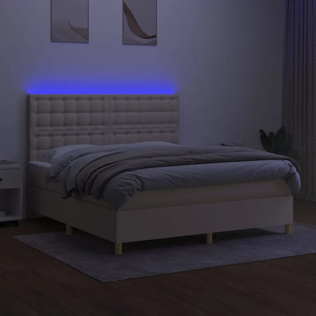 Κρεβάτι Boxspring με Στρώμα &amp; LED Κρεμ 160x200 εκ. Υφασμάτινο - Κρεμ