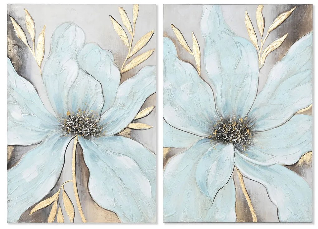 Καμβάς Home ESPRIT Μπλε Χρυσό Λουλούδι Shabby Chic 60 x 3 x 90 cm (x2)