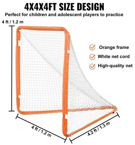 VEVOR Lacrosse Goal, 4' x 4' Small Kids Lacrosse Net, Folding Portable Lacrosse Goal with Carry Bag, Iron Frame Backyard Training Equipment, Quick & Easy Setup, Perfect for Youth Training, Orange