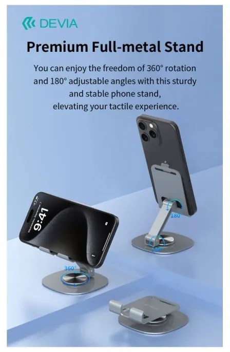 Devia folding holder stand EL243 for phone tablet rotating 360 gray metal