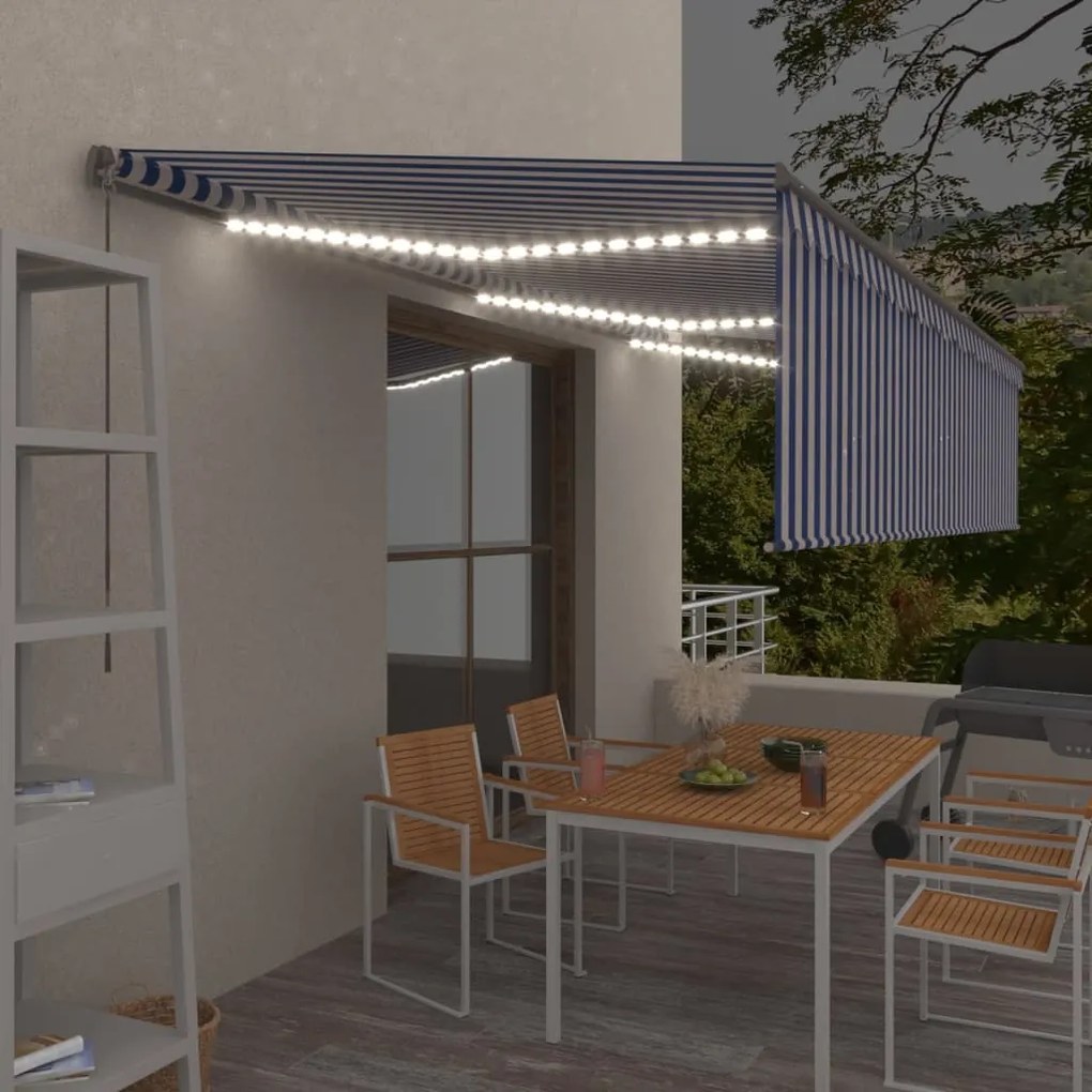 vidaXL Τέντα Συρόμενη Χειροκίνητη με Σκίαστρο &amp; LED Μπλε/Λευκό 6x3 μ.