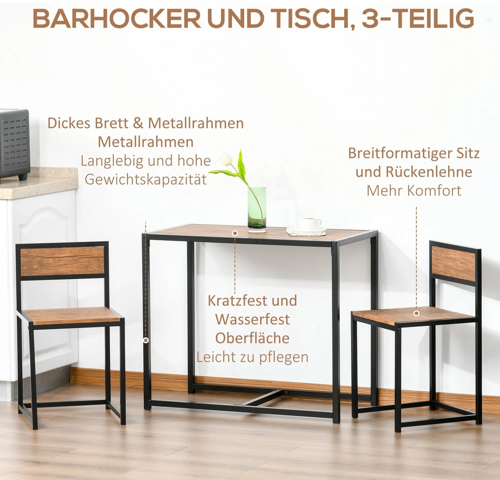 Σετ μπαρ 3 τεμαχίων, σετ ψηλού τραπεζιού 3 τεμαχίων, 2 καρέκλες, 1 τραπέζι, 90 εκ. x 47 εκ. x 76 εκ., Καφέ + Μαύρο