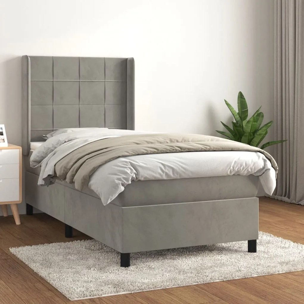 vidaXL Κρεβάτι Boxspring με Στρώμα Ανοιχτό Γκρι 100x200 εκ. Βελούδινο