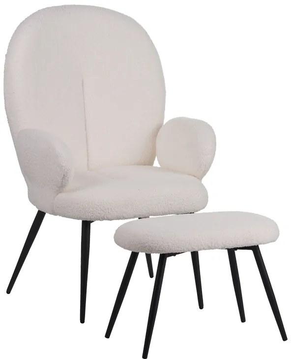 Πολυθρόνα με υποπόδιο Qarar pakoworld μπουκλέ ύφασμα σε λευκή απόχρωση με μαύρα μεταλλικά πόδια 67.5x67.5x106εκ