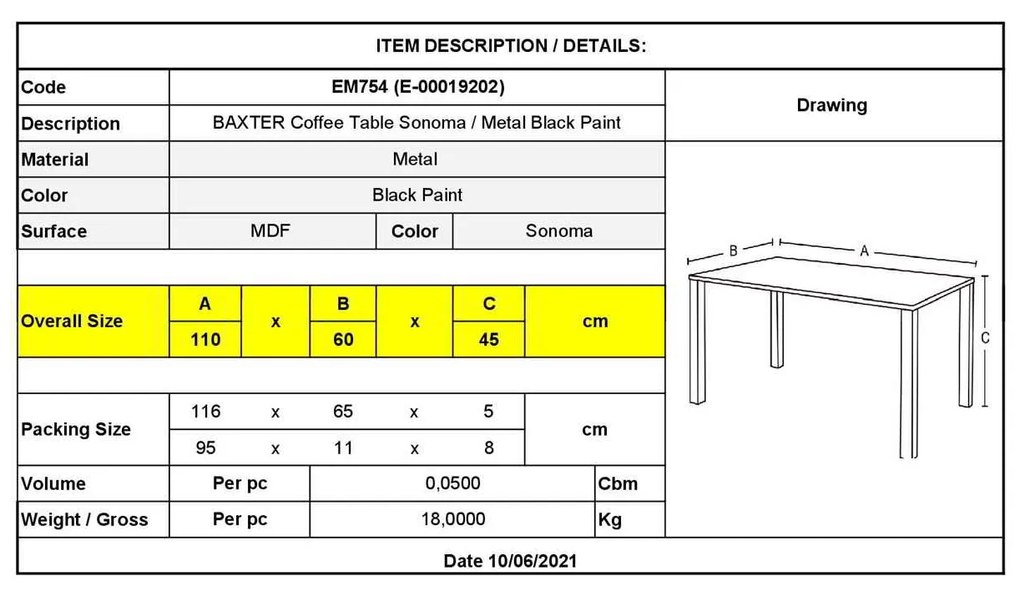Τραπέζι Σαλονιού 110x60cm BAXTER Sonoma/Βαφή Μαύρη