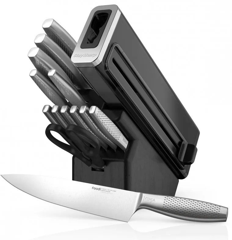 Σετ μαχαιριών κουζίνας με ακονιστήρι Ninja K62014EUUK, 14 τεμαχίων, StaySharp, Εργονομικός σχεδιασμός, Ασημί/μαύρο