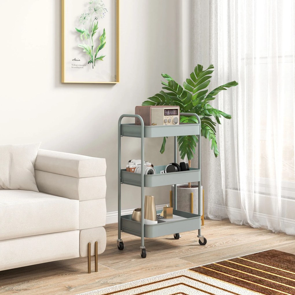 HOMCOM Πολυλειτουργικό καρότσι, καρότσι κουζίνας, 3 ράφια, 4 τροχοί, 45 cm x 30,6 cm x 79 cm, Ανοιχτό μπλε